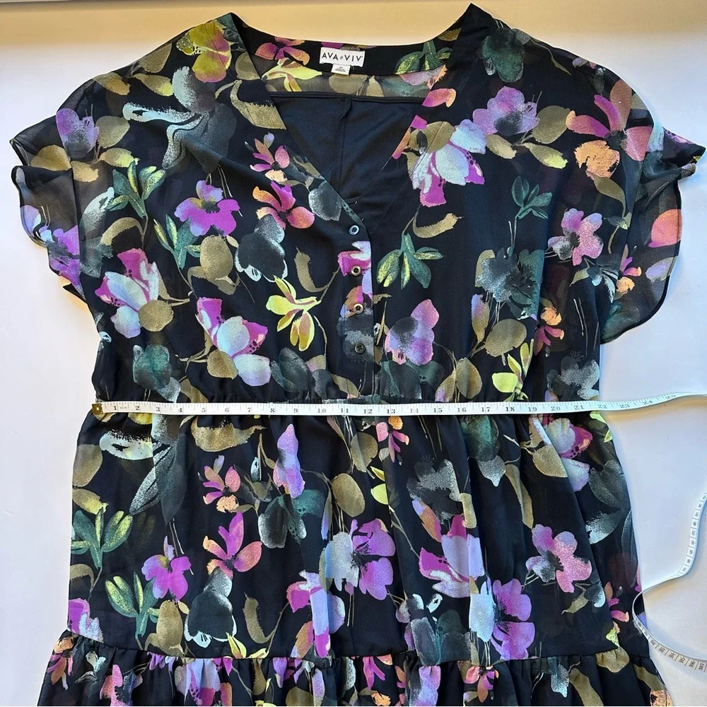 Ava & Viv Women 3X Maxi Dress Black Floral Multi Sheer Tiered Flutter Sleeves - Picture 7 of 14